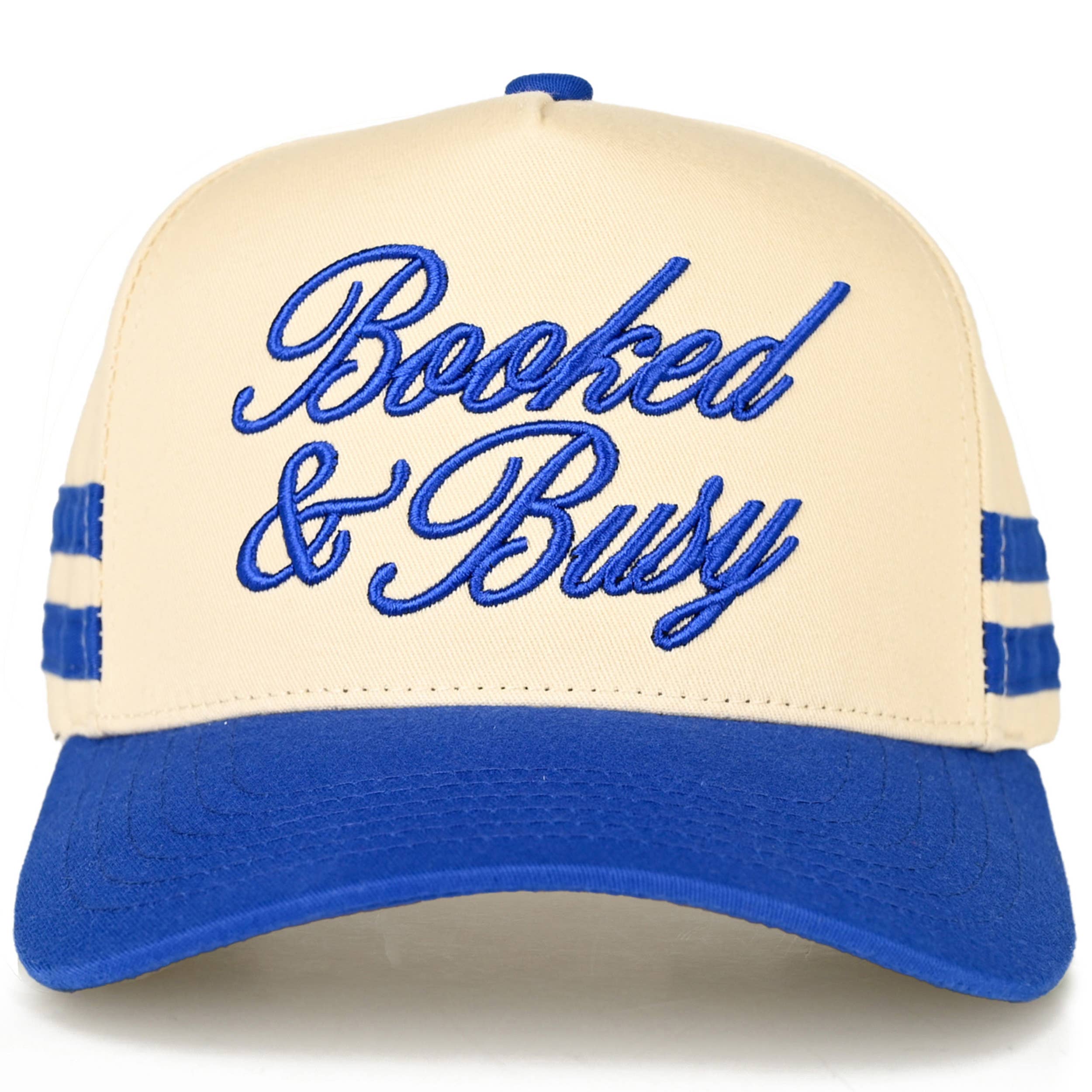 BOOKED AND BUSY Letter on Two Tone Trucker Hat: Blue