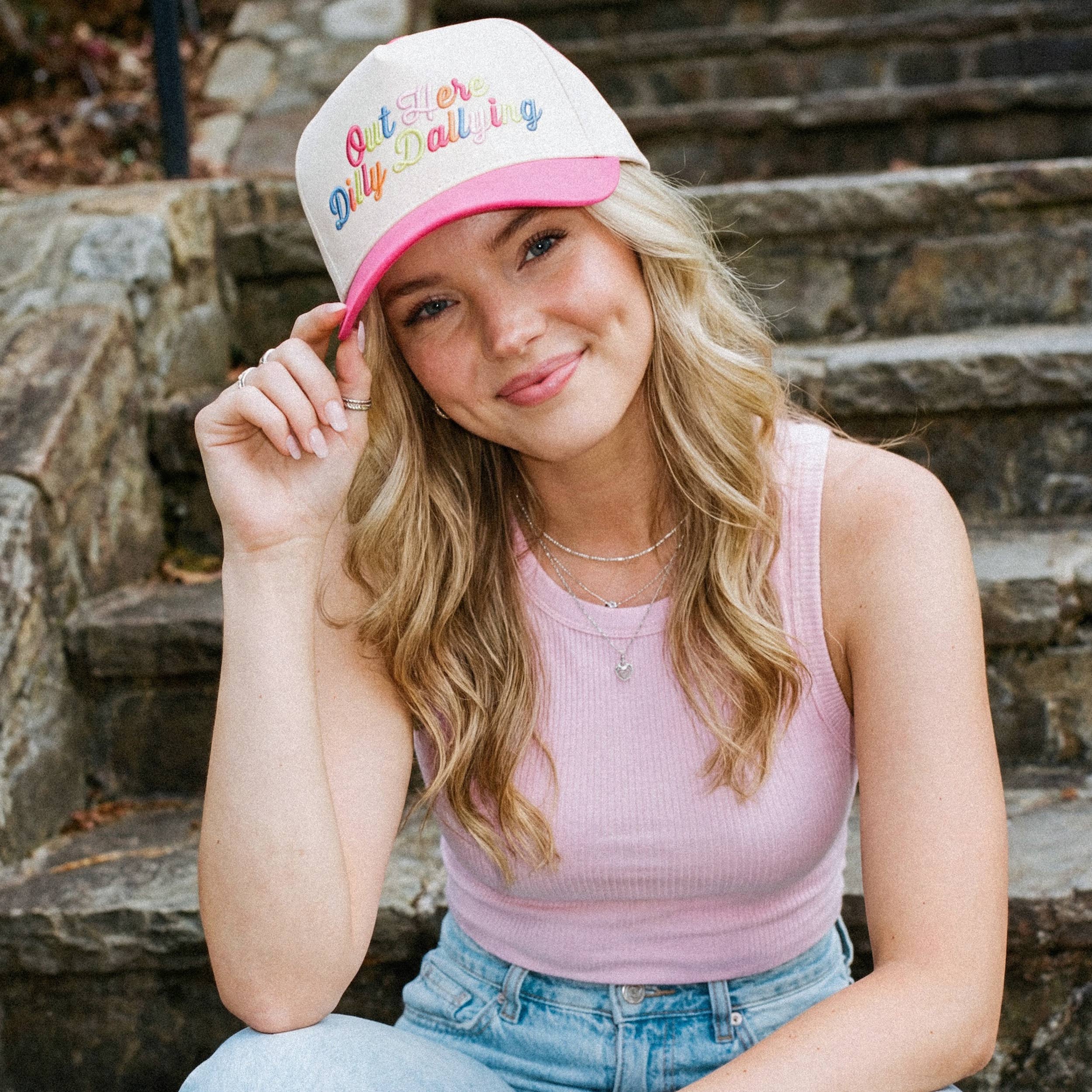 OUT HERE DILLY DALLYING Letter on Two Tone Trucker Hat: Hot Pink