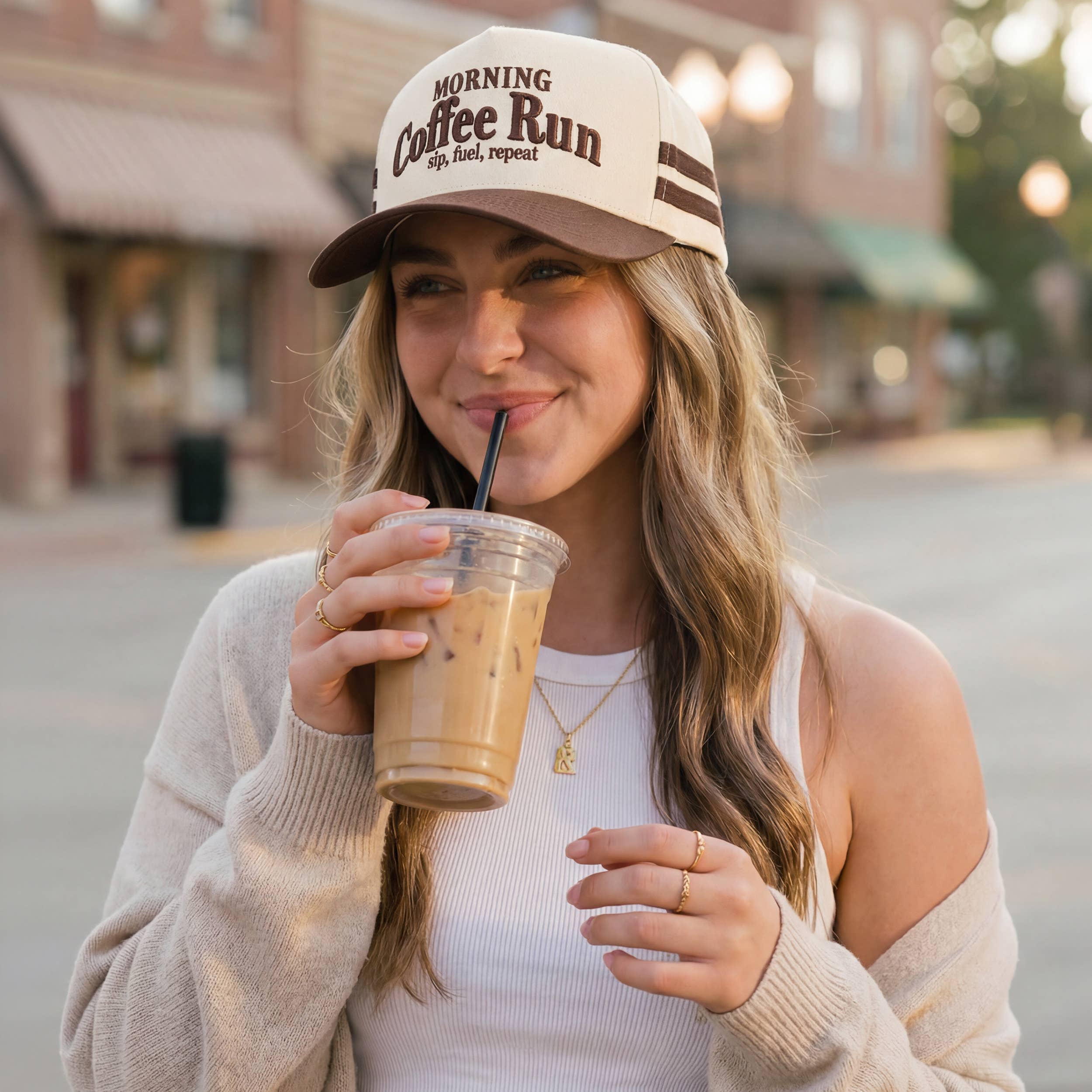 MORNING COFFEE RUN Letter Two Tone Trucker Hat