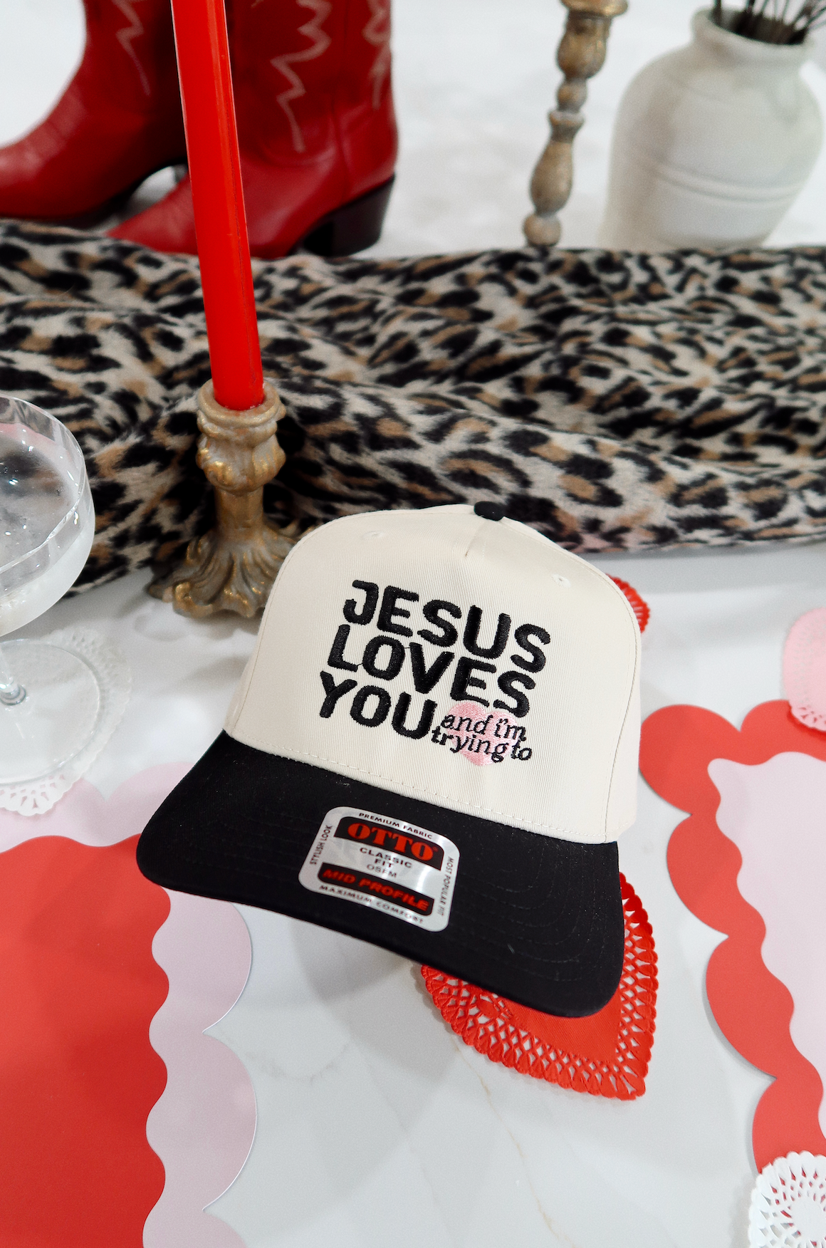 Jesus Loves You And I'm Trying To Black/Natural Embroidered