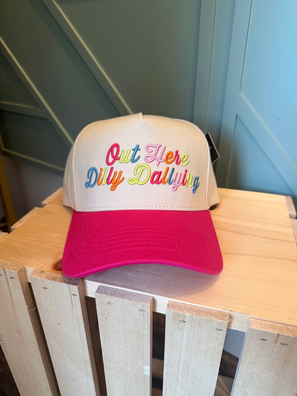 OUT HERE DILLY DALLYING Letter on Two Tone Trucker Hat: Hot Pink
