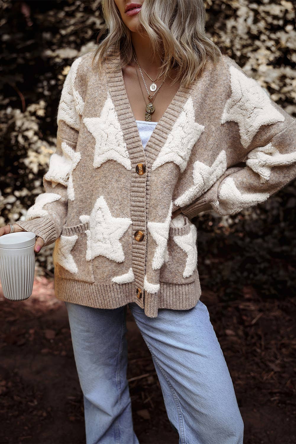 Star Pattern  Pockets Long Sleeve Knit Cardigan