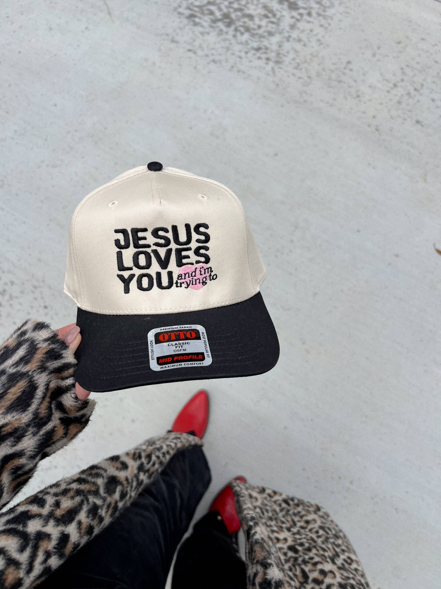 Jesus Loves You And I'm Trying To Black/Natural Embroidered
