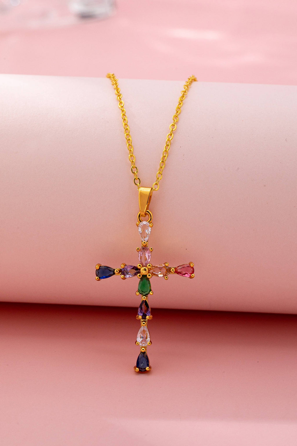 Rainbow  Crystal Cross Pendant Necklace |