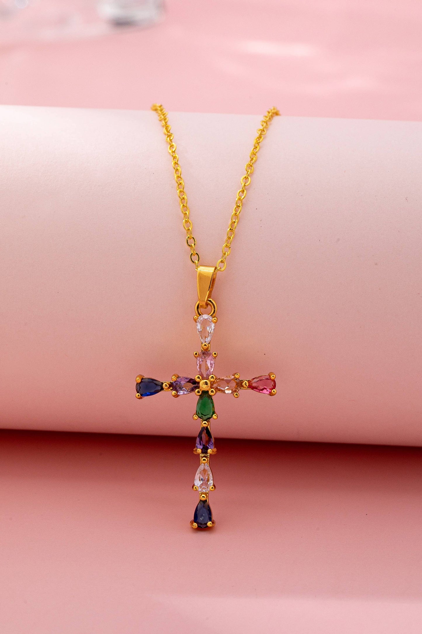 Rainbow  Crystal Cross Pendant Necklace |