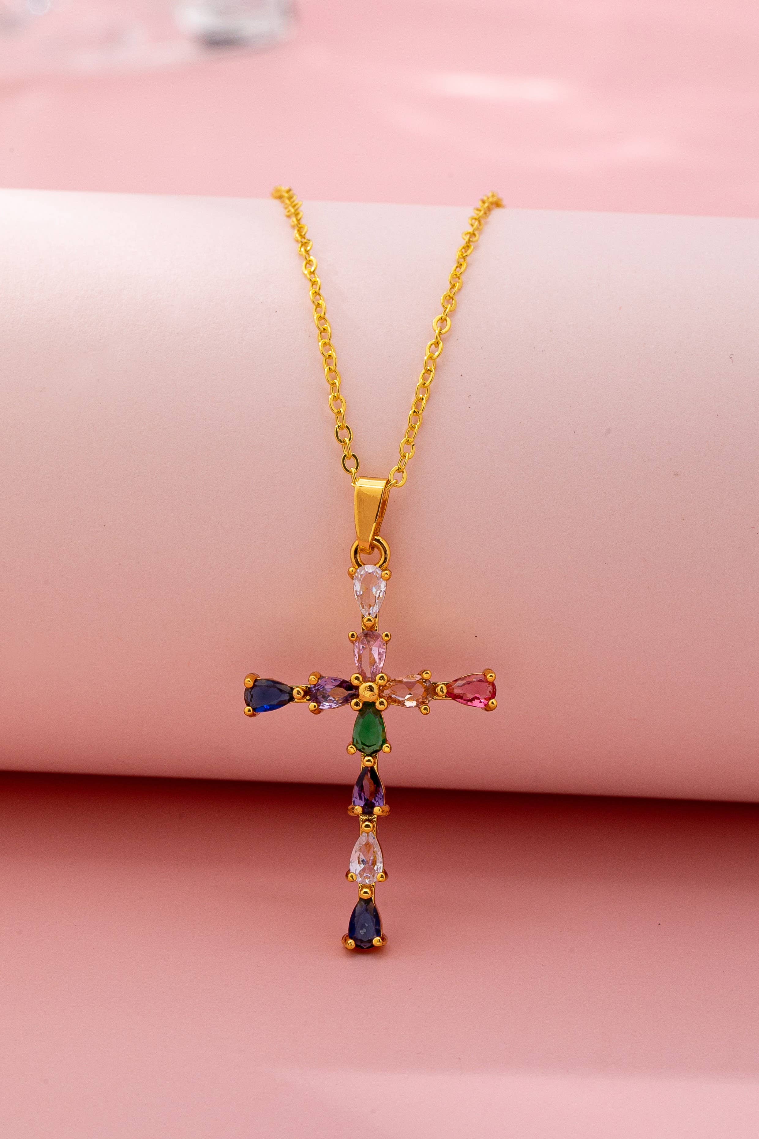 Rainbow  Crystal Cross Pendant Necklace |