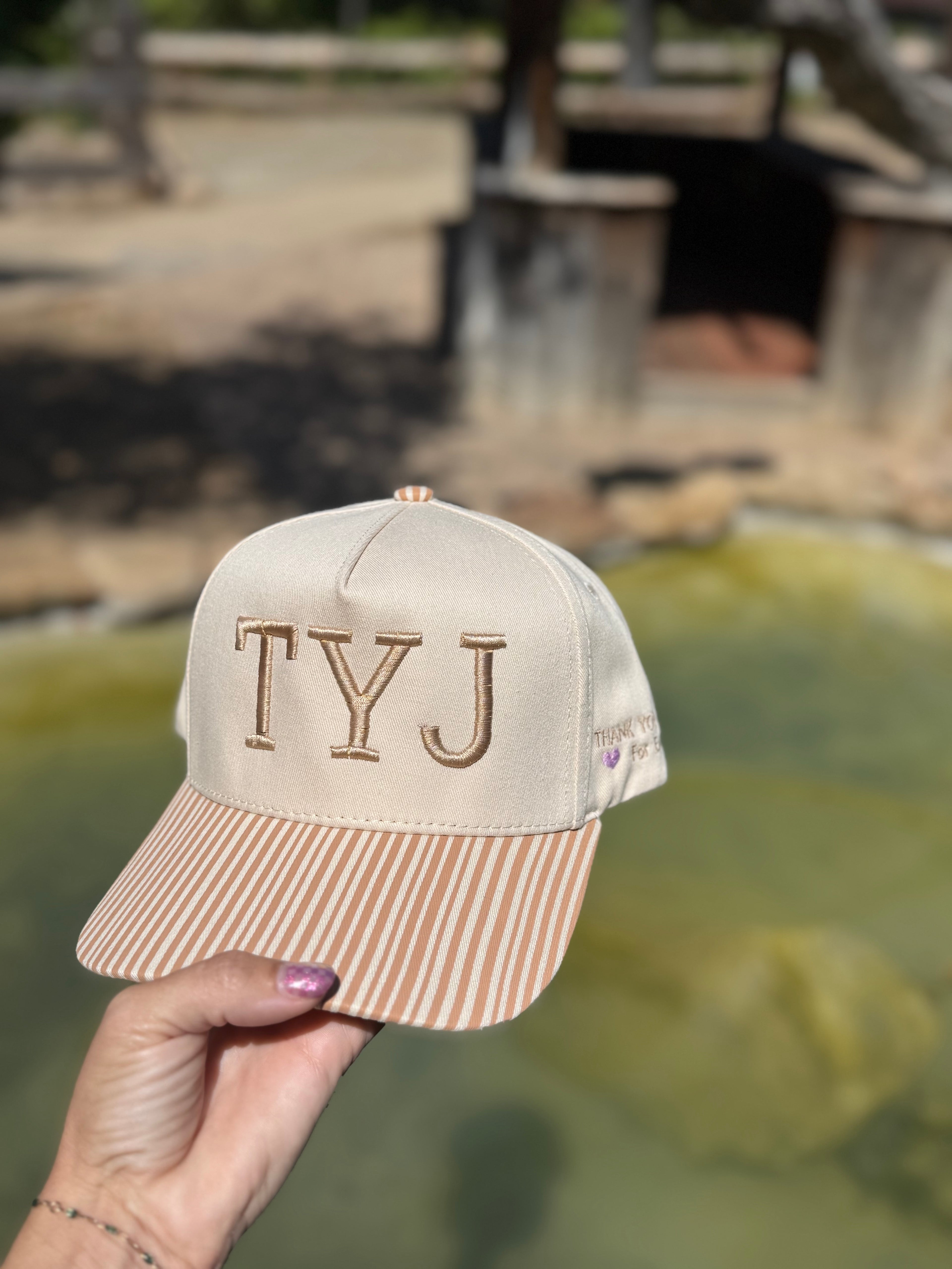 Thank You Jesus - Striped Pattern on Bill Plain Two Tone Trucker Hat: Beige