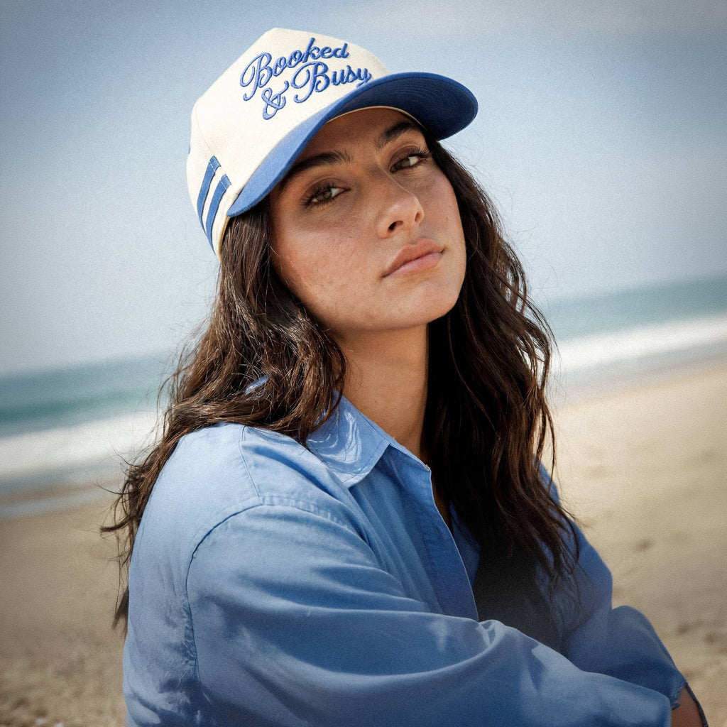 BOOKED AND BUSY Letter on Two Tone Trucker Hat: Blue
