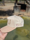 Thank You Jesus - Striped Pattern on Bill Plain Two Tone Trucker Hat: Beige