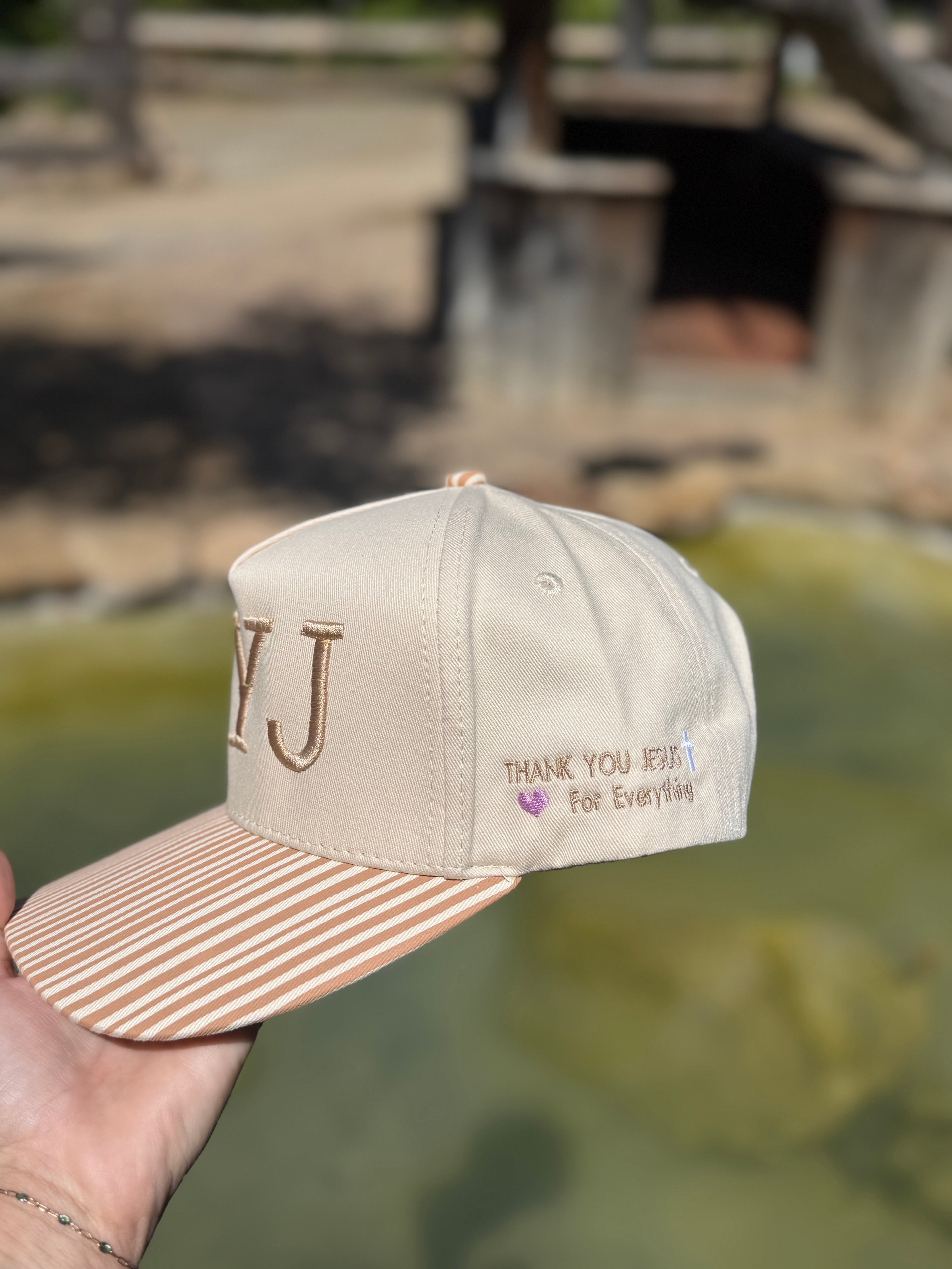 Thank You Jesus - Striped Pattern on Bill Plain Two Tone Trucker Hat: Beige