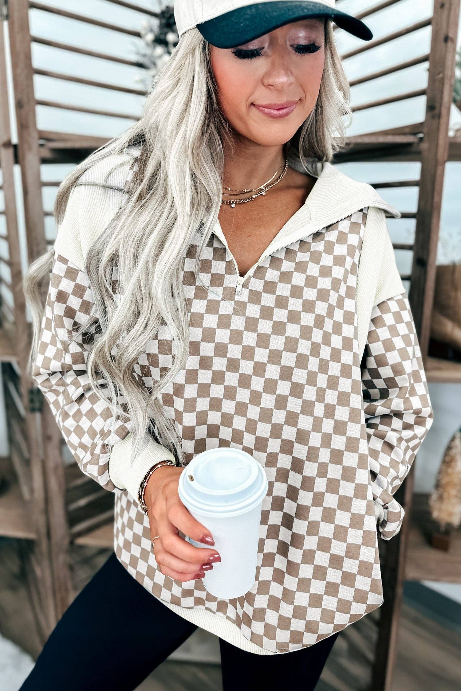 Khaki Checkered Print Quarter Zip