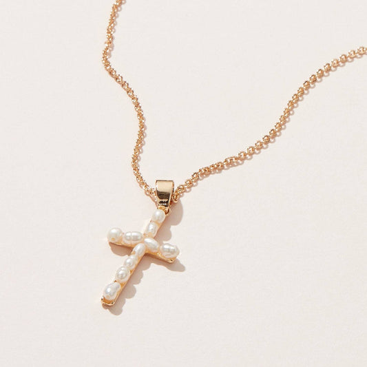 Gold Cross Pendant Necklace with Pearls