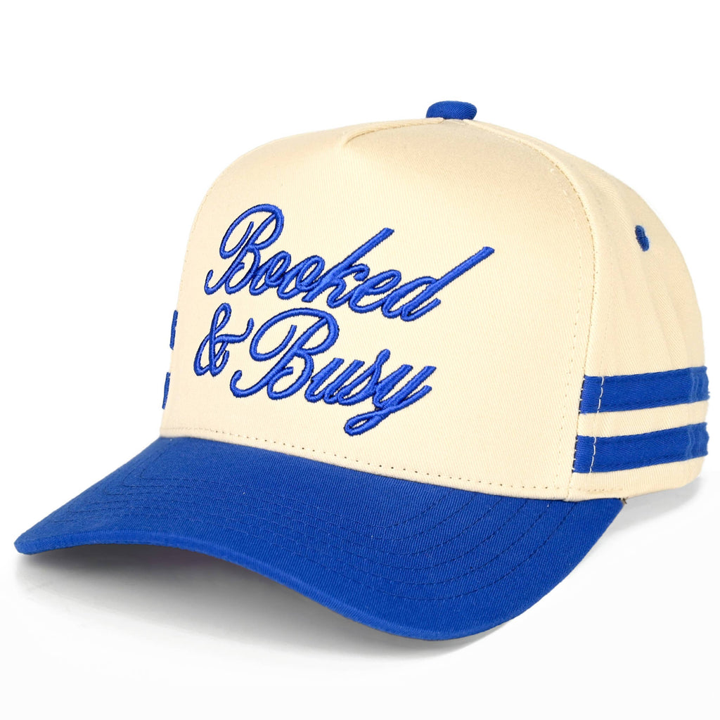 BOOKED AND BUSY Letter on Two Tone Trucker Hat: Blue