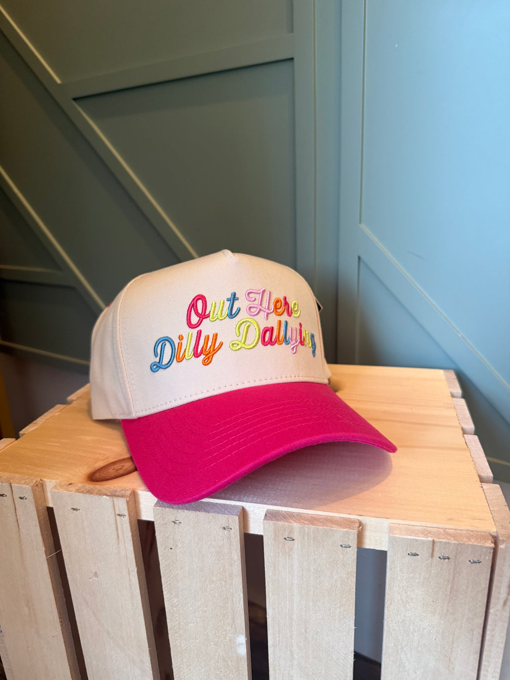 OUT HERE DILLY DALLYING Letter on Two Tone Trucker Hat: Hot Pink