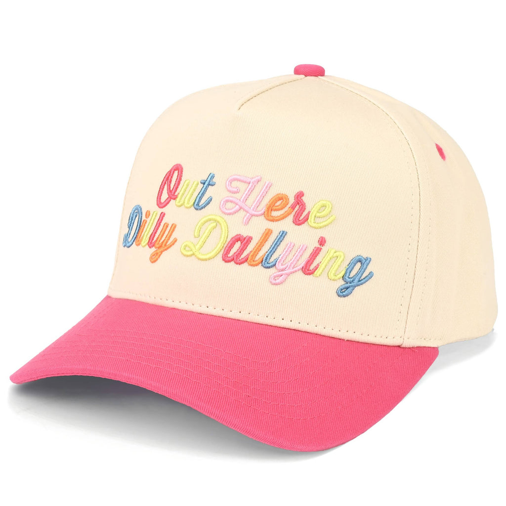 OUT HERE DILLY DALLYING Letter on Two Tone Trucker Hat: Hot Pink