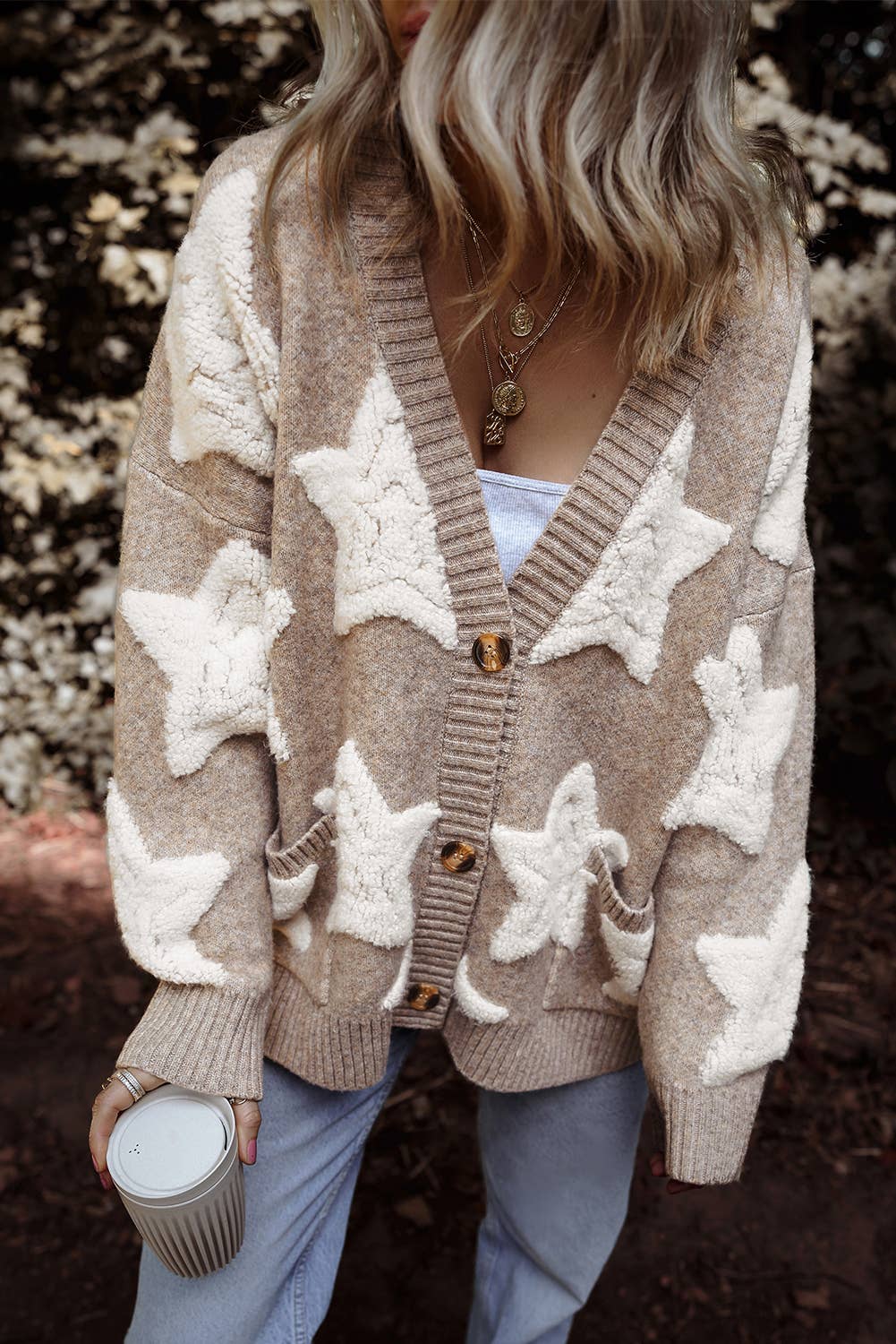 Star Pattern  Pockets Long Sleeve Knit Cardigan
