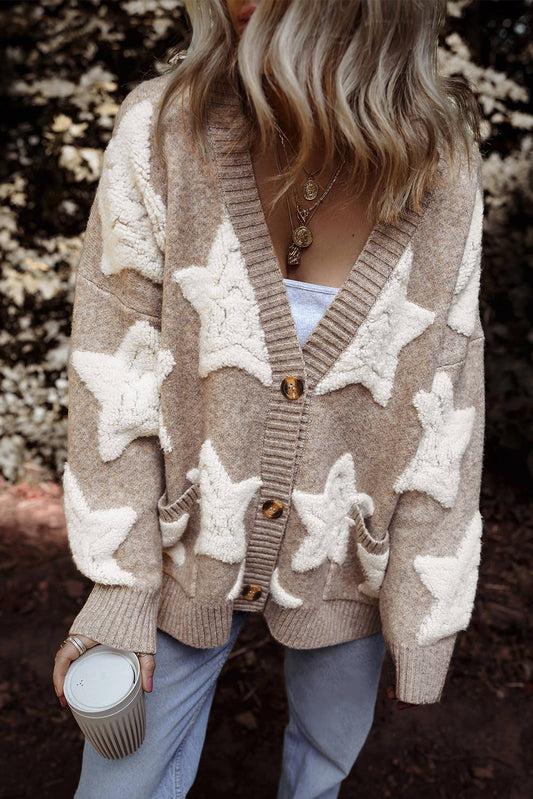 Star Pattern  Pockets Long Sleeve Knit Cardigan
