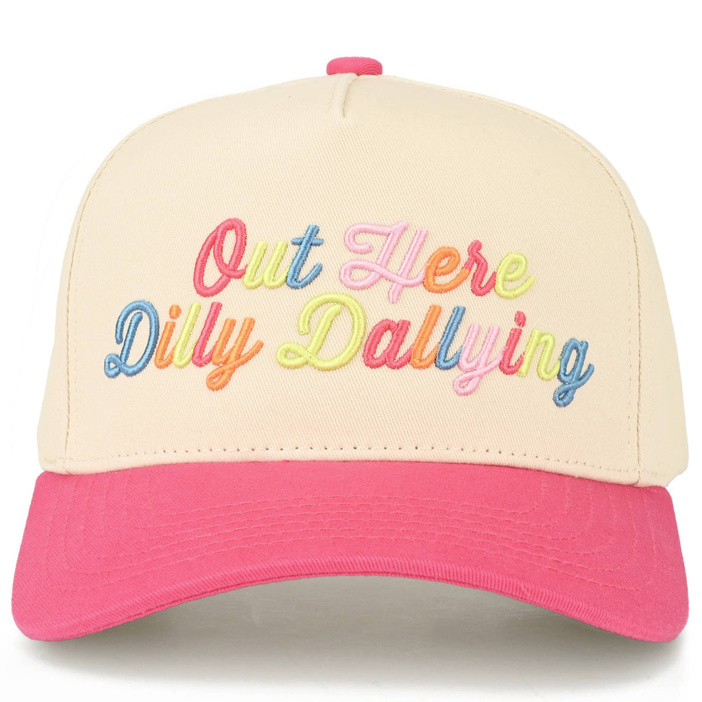 OUT HERE DILLY DALLYING Letter on Two Tone Trucker Hat: Hot Pink
