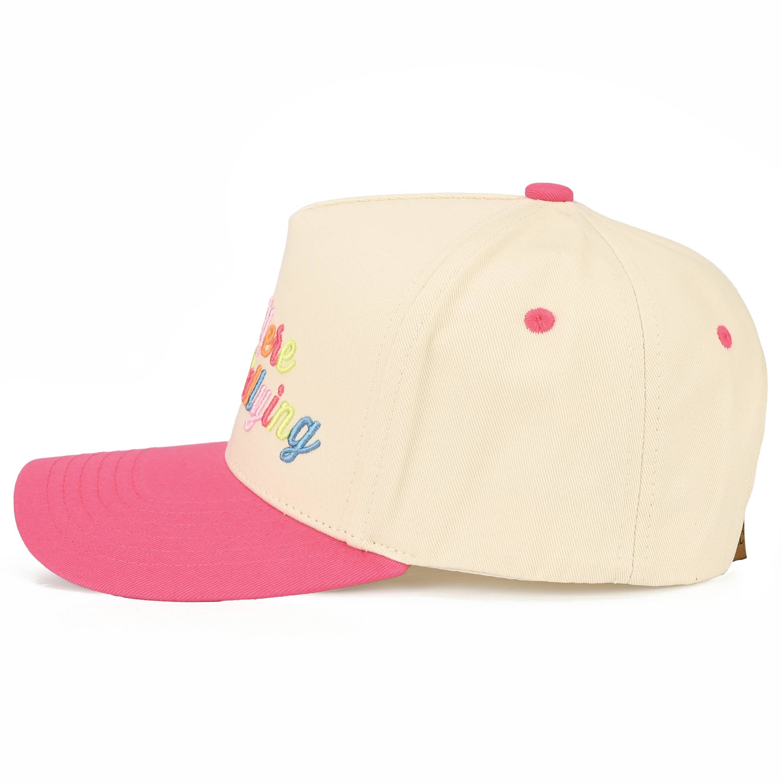 OUT HERE DILLY DALLYING Letter on Two Tone Trucker Hat: Hot Pink